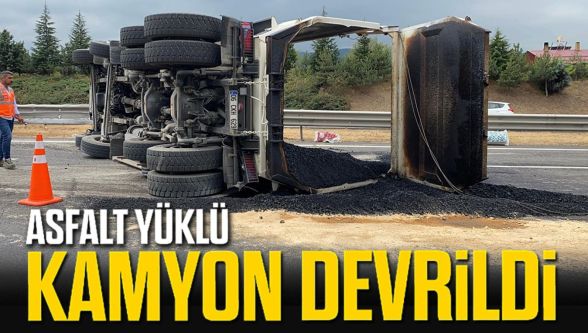 Anadolu otoyolunda asfalt yüklü kamyon devrildi