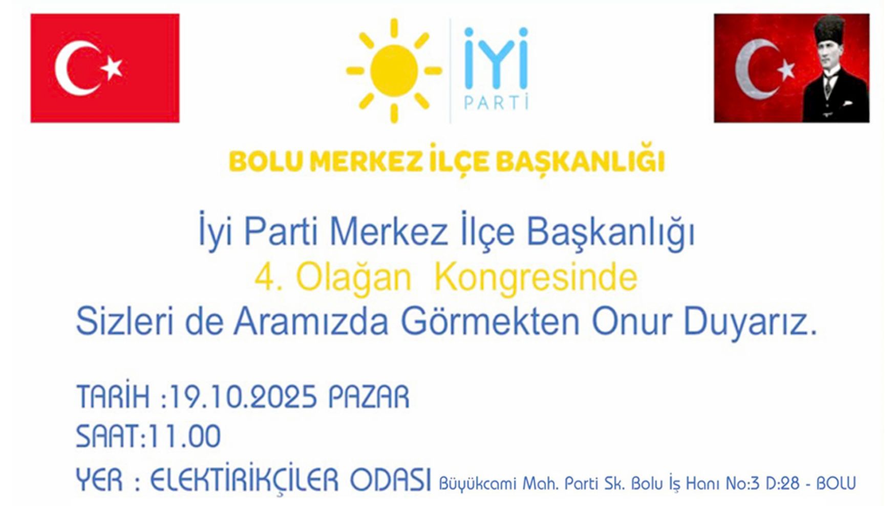 İYİ Parti Bolu Merkez İlçe Başkanlığı kongreye gidiyor
