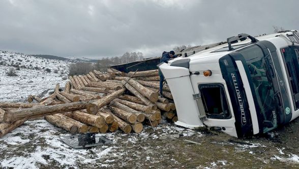 Bolu'da tomruk yüklü tır devrildi: 1 yaralı